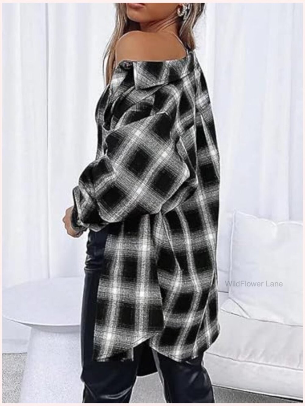 Oversized Plaid Button Down Flannel Shacket Long Sleeve Casual Blouse Top - Picture 4 of 7